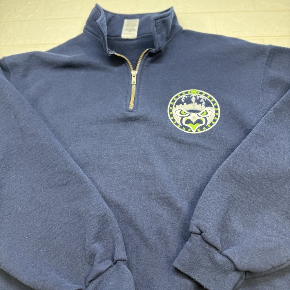Jerzees Seattle Seahawks 1/4 Zip Sweatshirt Navy Blue NFL Fan Gear Mens Large